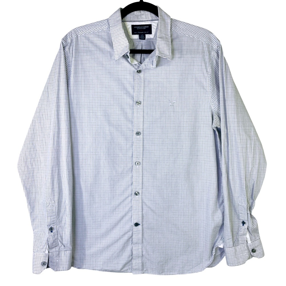 American Eagle Slim Fit Button Down Shirt Mens Large Blue White Grid Check Logo